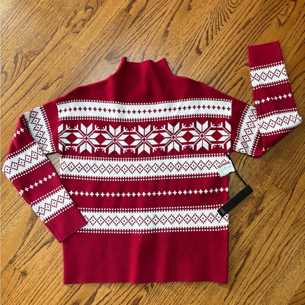 Nicole Miller Red and White Snowflake Mockneck